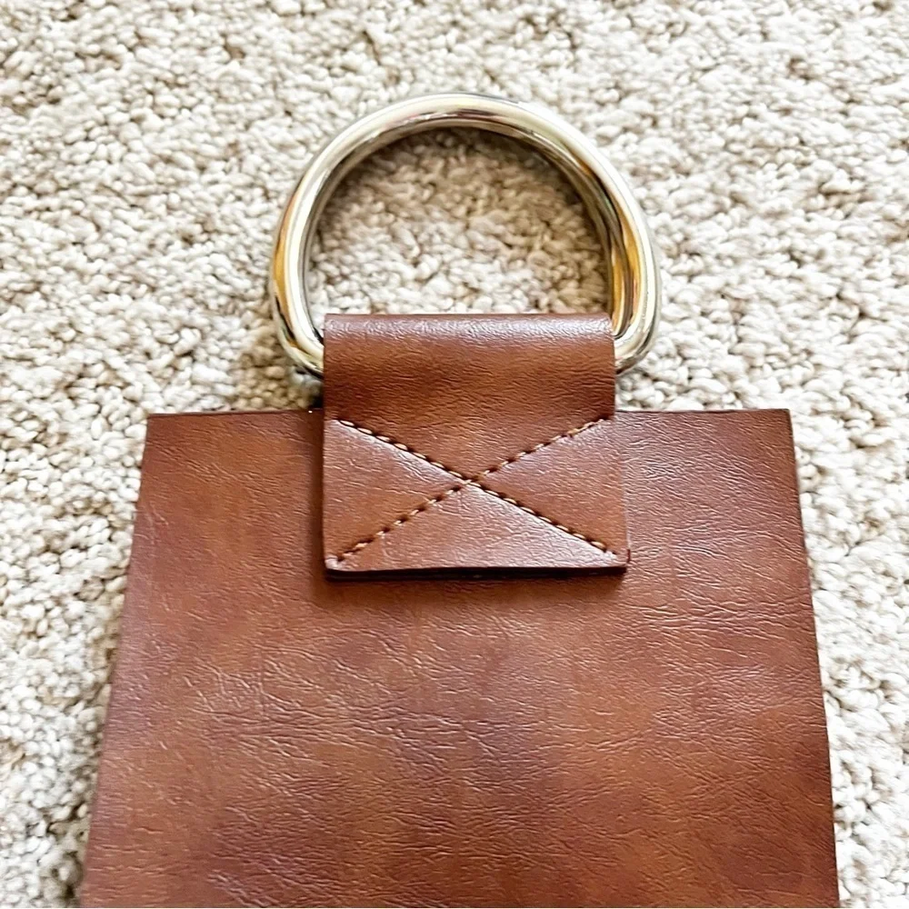 Brown Faux Leather Wine Carrier Tote Bag Top Metal Ring Handle Party Travel